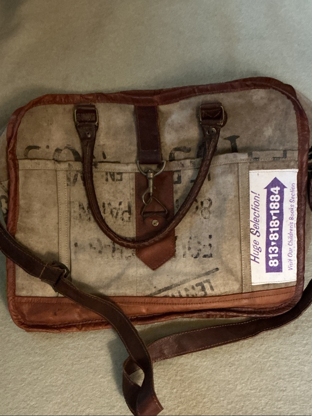 Mona B Tan Canvas and Brown Leather Briefcase-Style Shoulder Bag